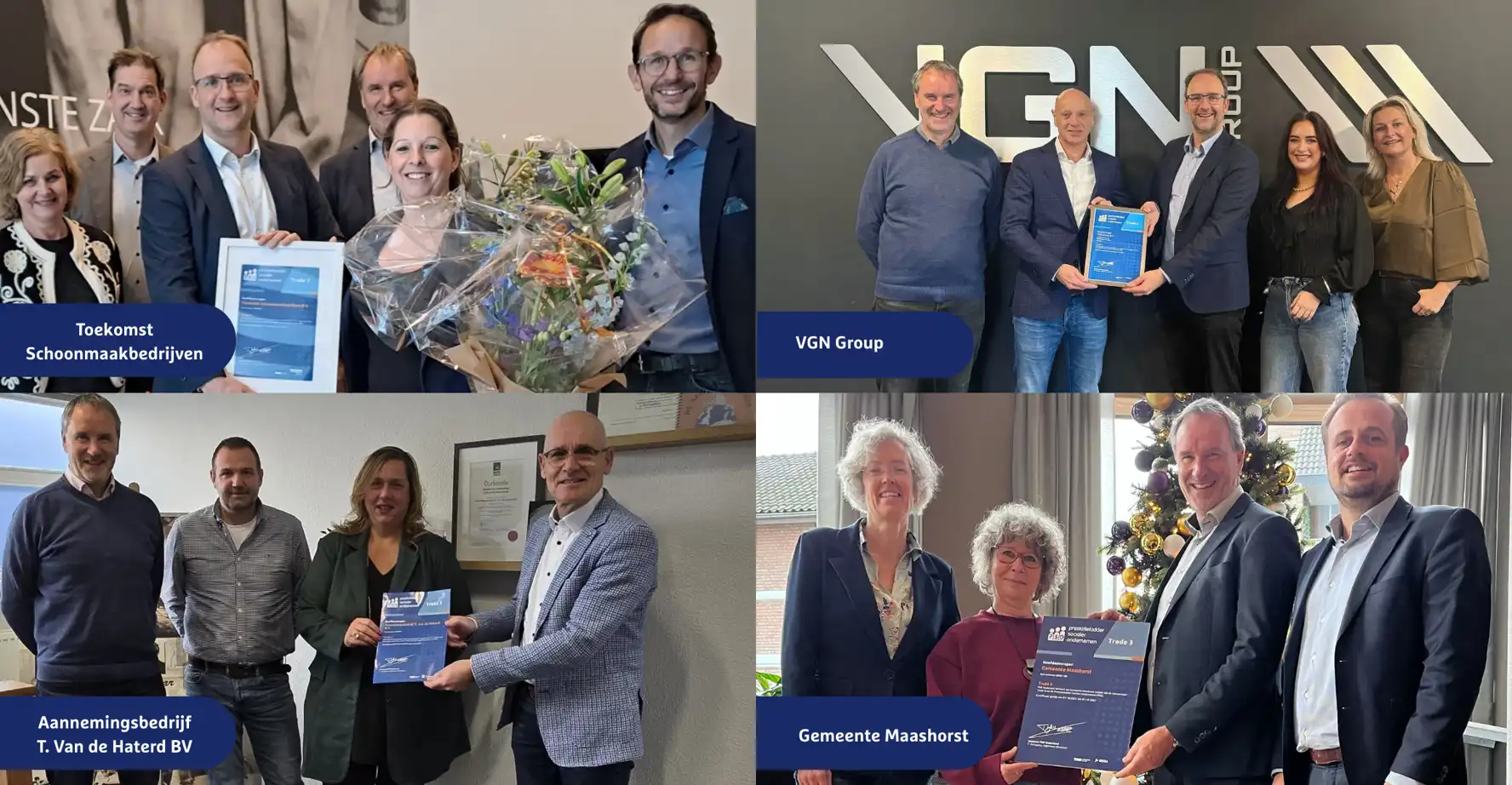 Medewerkers van Toekomst Schoonmaakbedrijven, VGN Group, Aannemingsbedrijf t. Van de Haterd BV en Gemeente Maashorst nemen het PSO certificaat in ontvangst