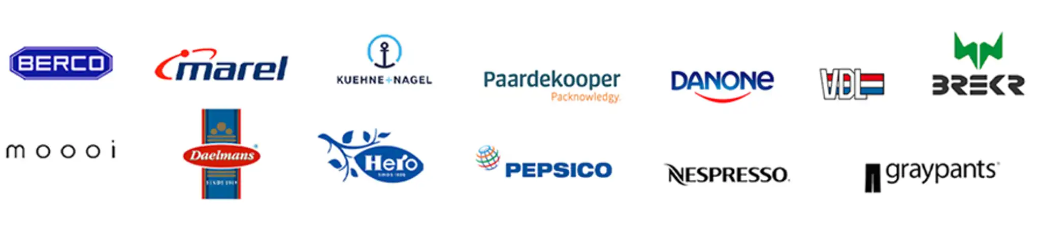 Logo's van links naar rechts: Berco, Marel, Kuehne en Nagel, Paardekooper, Danone, VDL, Brekr, Moooi, Daelmans, Hero, Pepsico, Nespresso en Graypants