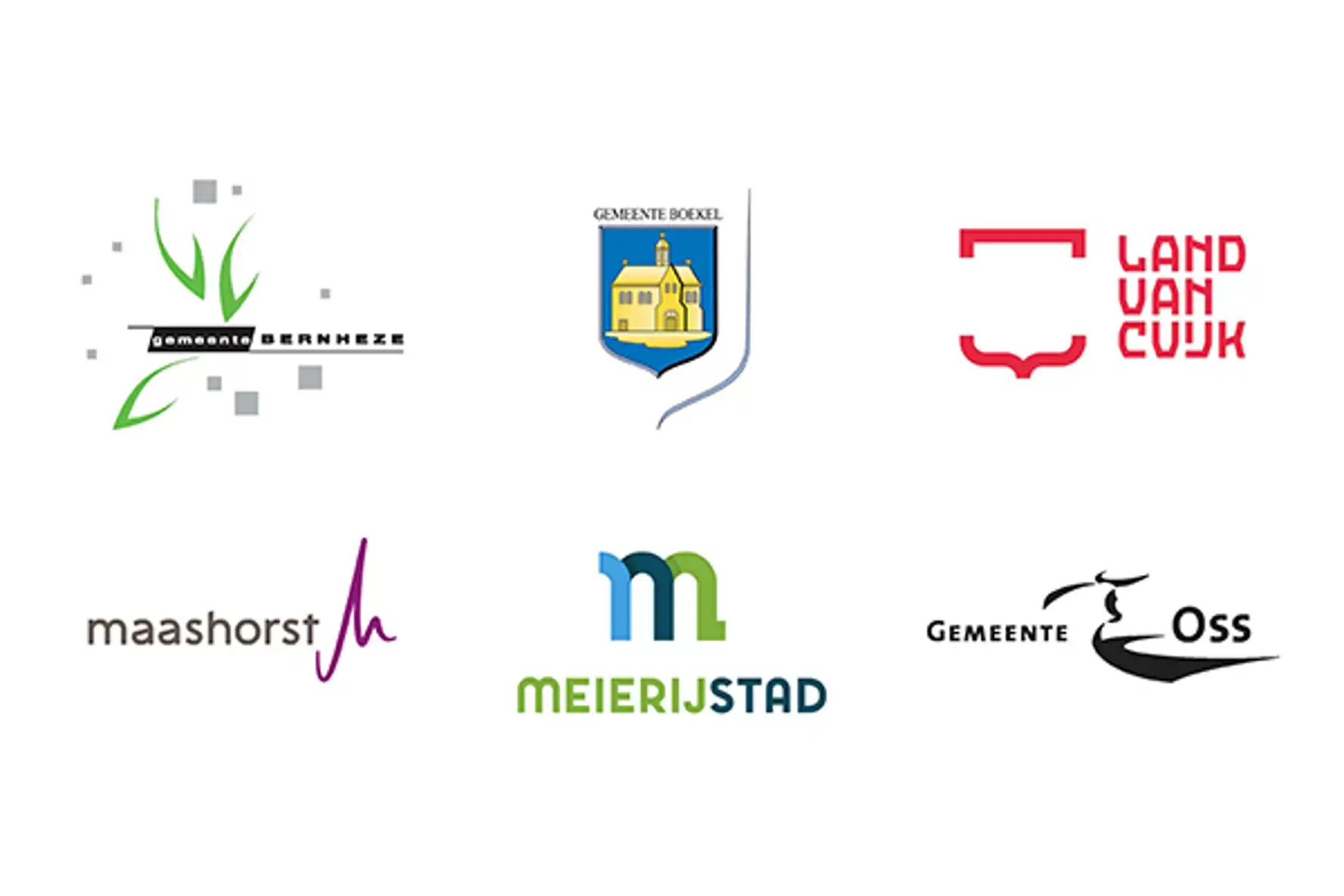Logo's van gemeenten die met IBN samenwerken: Bernheze - Boekel - Land van Cuijk - Maashorst - Meierijstad en Oss