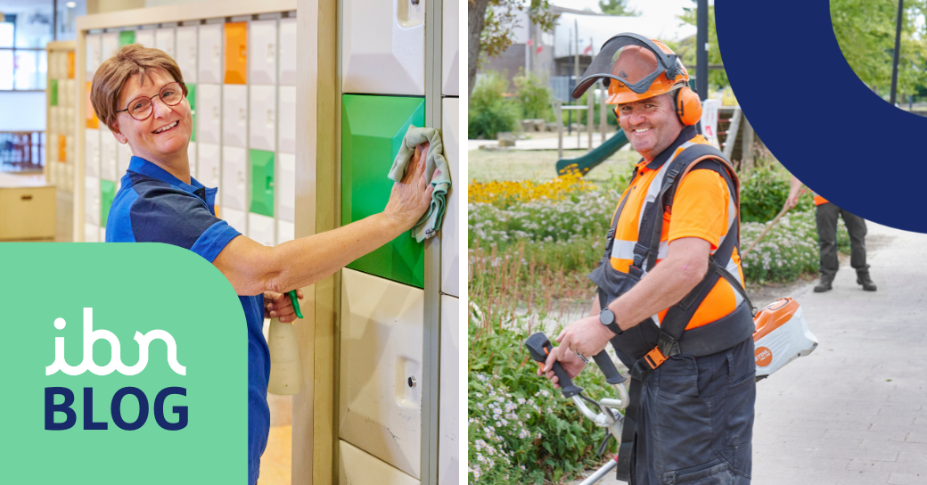 Afbeelding met tekst IBN blog en waarop een medewerker schoonmaak en medewerker groen te zien zijn