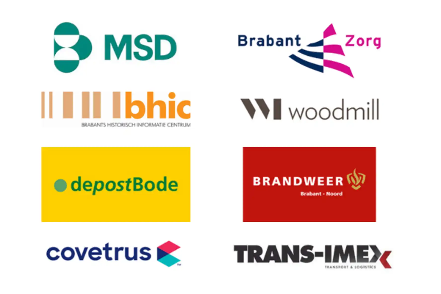 Logo's van bedrijven waar IBN mee samenwerkt, onder andere: MSD, Brabant Zorg, Brandweer en de postbode